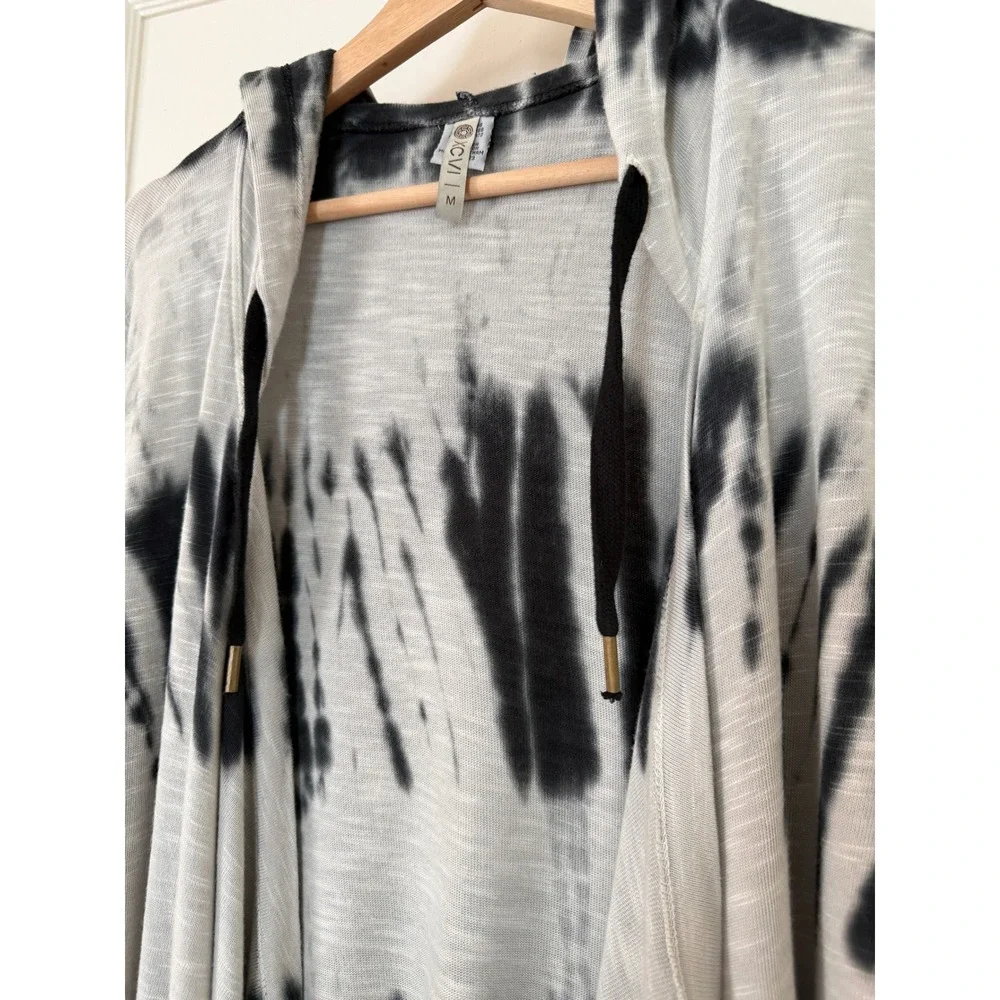 XCVI Tie Dye Hooded Cardigan M Black Gray Open Front Boho Asymmetrical Lagenlook